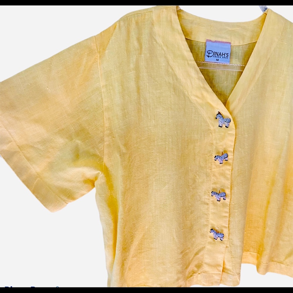 Yellow Boxy Short Sleeve Linen Blouse Zebra Button